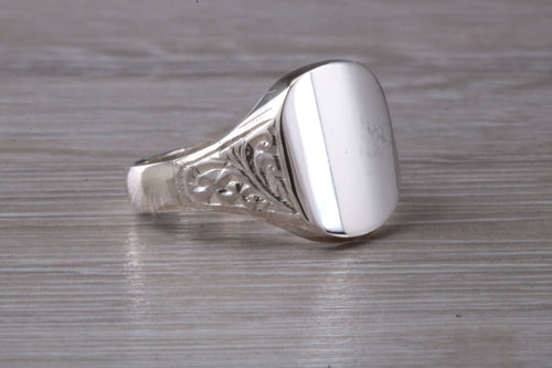 Family Crest Engraved Large Chunky Patterned Signet Ring in Sterling Silver