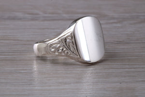 Family Crest Engraved Large Chunky Patterned Signet Ring in Sterling Silver