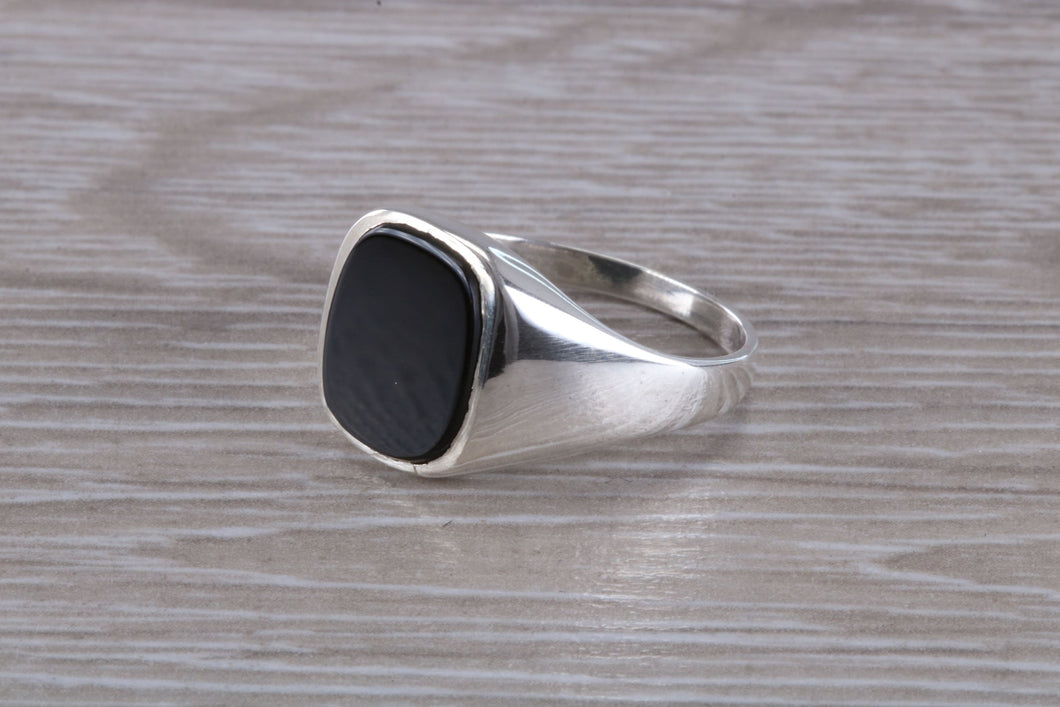 Natural Black Onyx set White Gold Signet Ring