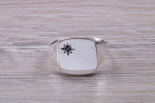 Blue Sapphire set Signet Ring, Made in your Choice of Precious Metals