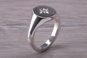 Chunky Oval Faced Diamond set Signet Ring in Silver