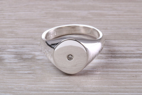 Chunky Sterling Silver Diamond set Signet Ring, Free Engraving