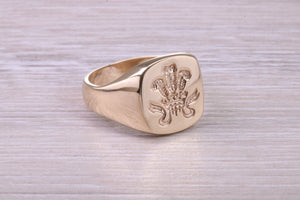 Chunky Prince of Wales Feathers Signet Ring in Solid Yellow Gold