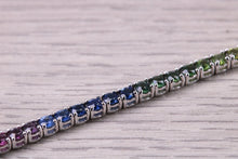 Load image into Gallery viewer, Five carats Multi Coloured Natural Sapphire set Solid White Gold Tennis Bracelet, All Real Rainbow Coloured Sapphires, British Hallmarked