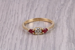 Round Diamond and Teardrop cut Ruby Trilogy Ring, Made From 18ct Yellow Gold