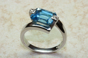 Natural Blue Topaz Ring and Natural Diamond ring. 9ct white gold.November birthstone,Sagittarius Zodiac stone.Statement Ring.