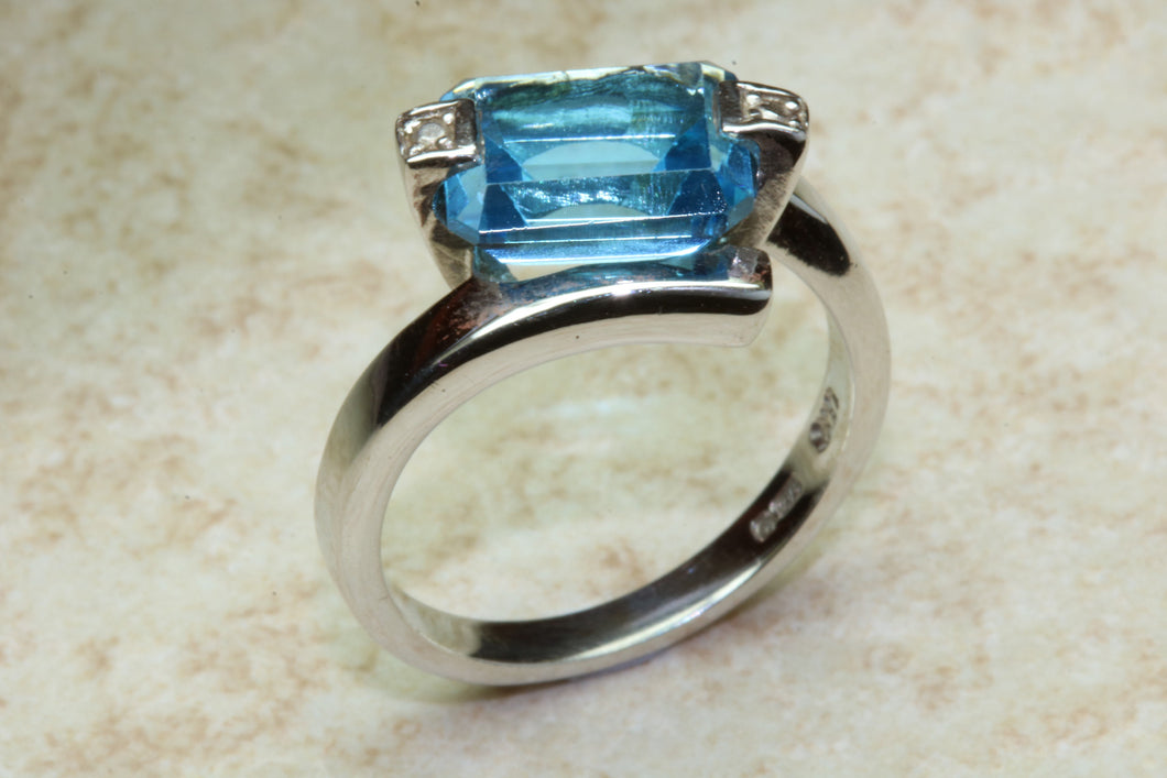 Natural Blue Topaz Ring and Natural Diamond ring. 9ct white gold.November birthstone,Sagittarius Zodiac stone.Statement Ring.