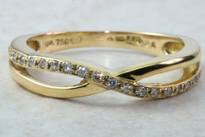 Natural Diamond Cross Over Ring. 18ct Yellow Gold and Round Diamond Set Band. Perfect Gift for any Celebration.
