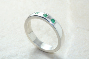 Natural Emerald Band. Silver Chunky Ring, 3 X Round Emeralds, May birthstone Gemstone.Ideal 16th,18th,21st Birthday