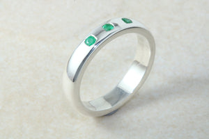 Natural Emerald Band. Silver Chunky Ring, 3 X Round Emeralds, May birthstone Gemstone.Ideal 16th,18th,21st Birthday