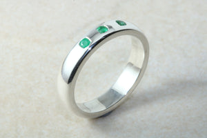 Natural Emerald Band. Silver Chunky Ring, 3 X Round Emeralds, May birthstone Gemstone.Ideal 16th,18th,21st Birthday