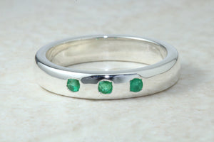 Natural Emerald Band. Silver Chunky Ring, 3 X Round Emeralds, May birthstone Gemstone.Ideal 16th,18th,21st Birthday