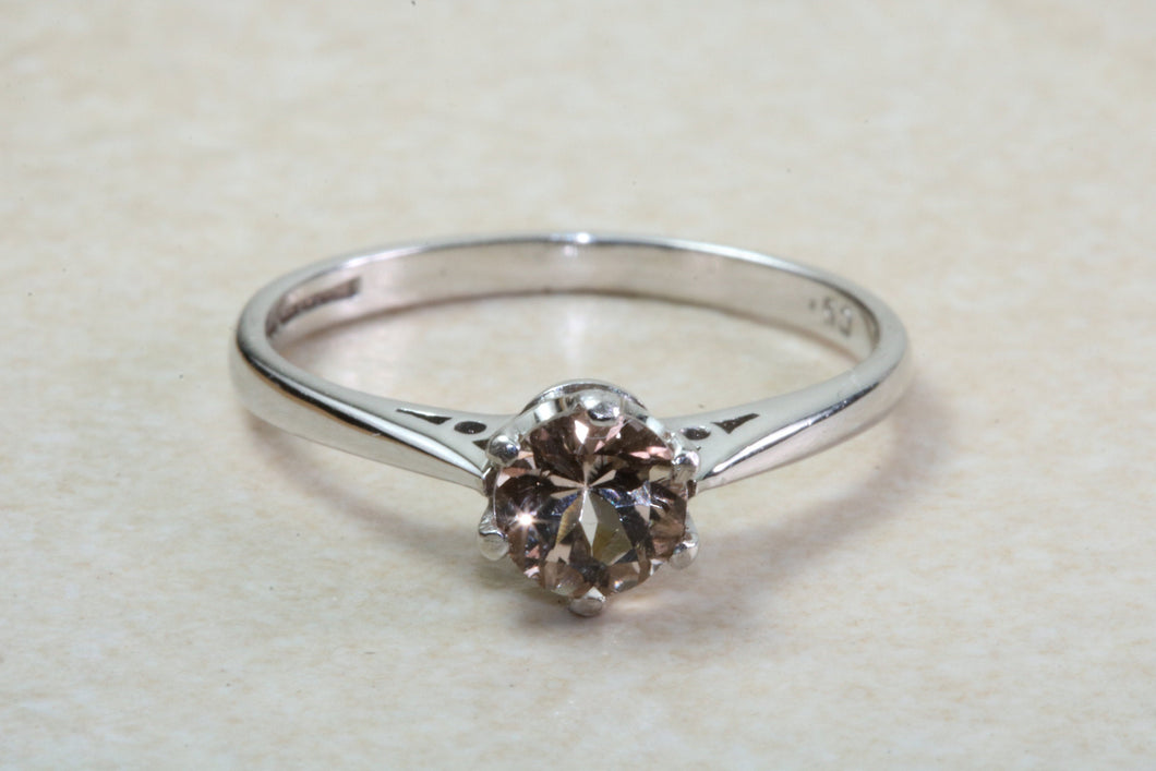 Simple Natural Morganite Solitaire. 18ct White Gold. Simple ring set with over Half carat Round cut Morganite