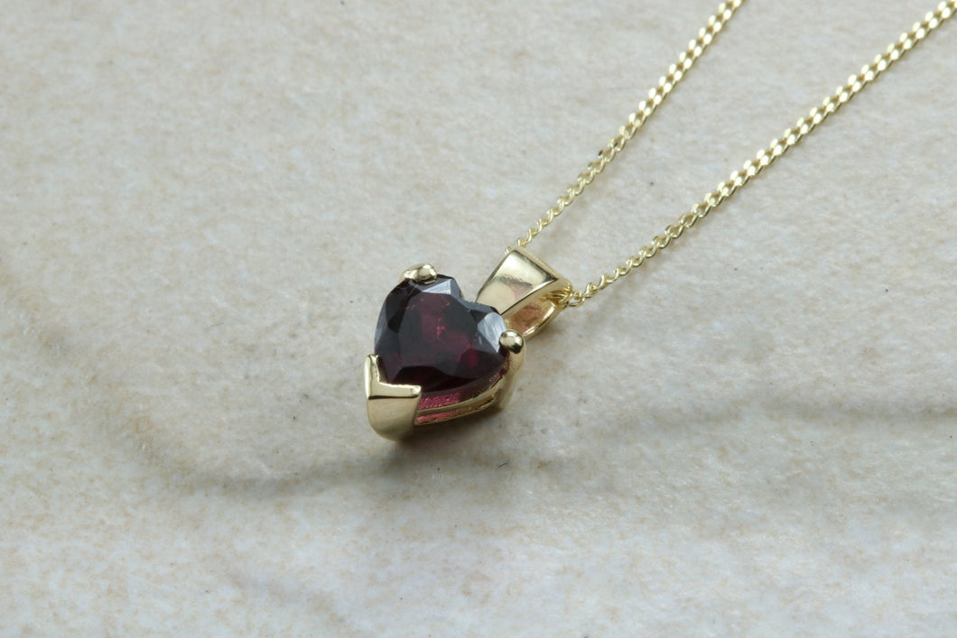 Natural Heart cut Garnet necklace set in solid 9ct yellow gold together with 16 inch gold chain