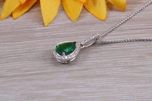 Emerald and Diamond Halo set 18ct White Gold Necklace