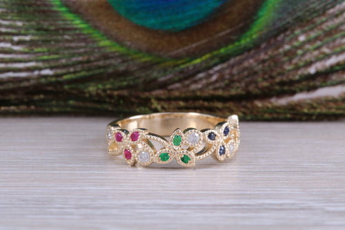 Multi Gemstone Floral Designed Yellow Gold Ring