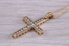 Load image into Gallery viewer, 9ct yellow gold Diamond set cross together with 18 inch long chain, British hallmarked