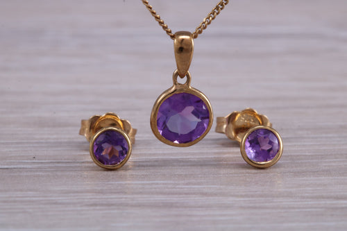 Round cut Amethyst Earring and Matching Necklace set in Yellow Gold