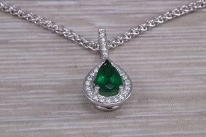 Emerald and Diamond Halo set 18ct White Gold Necklace