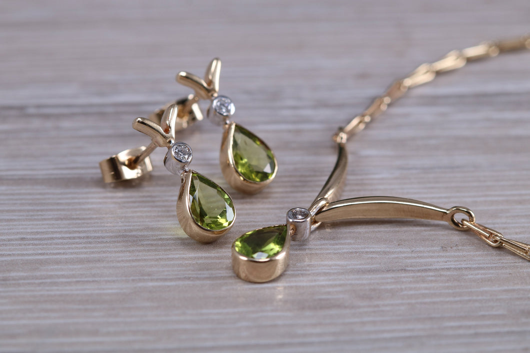 Peridot and Diamond set Earrings, Necklace and Bracelet in Yellow Gold