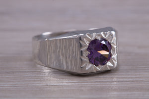 Round cut Amethyst set Silver Signet Ring