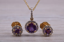 Load image into Gallery viewer, Amethyst and Diamonds set Matching Necklace and Earrings