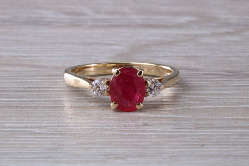 Natural Ruby and Diamond Trilogy Ring. Oval cut Ruby and Round cut Diamonds. July Birthstone, Ideal ruby anniversary gift