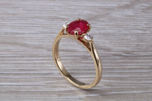 Natural Ruby and Diamond Trilogy Ring. Oval cut Ruby and Round cut Diamonds. July Birthstone, Ideal ruby anniversary gift