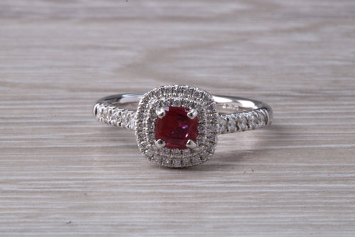 Cushion cut Burmese Ruby and Diamond Double Halo set Ring