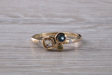 Load image into Gallery viewer, Multi gemstone set ring, 9ct yellow gold and set with bluse sapphire, green sapphire and yellow sapphireand diamonds