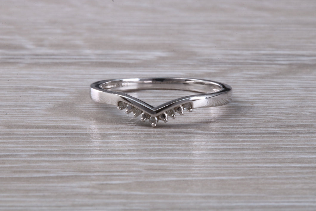 Natural diamond set wishbone ring, solid 9ct white gold set with real diamonds, simple and elegant