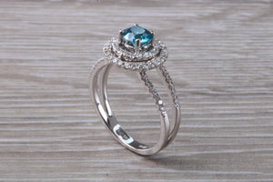Blue Zircon and Diamond Double Halo set Ring