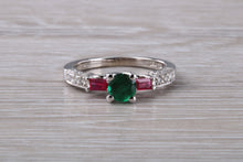 Load image into Gallery viewer, Emerald, Ruby and Diamond set 18ct White Gold Ring