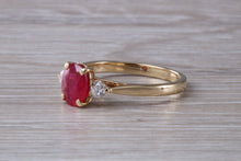 Load image into Gallery viewer, Natural Ruby and Diamond Trilogy Ring. Oval cut Ruby and Round cut Diamonds. July Birthstone, Ideal ruby anniversary gift