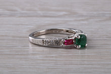 Load image into Gallery viewer, Emerald, Ruby and Diamond set 18ct White Gold Ring