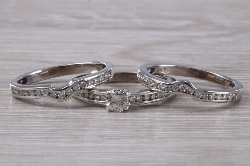 Complete Bridal set Of Three Diamond set Rings, Engagement, Wedding and Eternity Ring