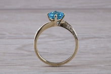 Load image into Gallery viewer, 7 mm Round Aquamarine and Diamond set Yellow Gold Ring, British Hallmarked