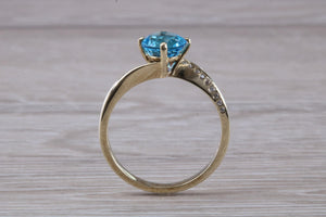 7 mm Round Aquamarine and Diamond set Yellow Gold Ring, British Hallmarked