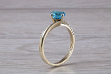 Load image into Gallery viewer, 7 mm Round Aquamarine and Diamond set Yellow Gold Ring, British Hallmarked