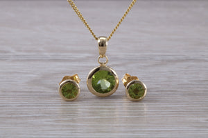 Round cut Peridot Earrings and Matching Necklace set in Yellow Gold