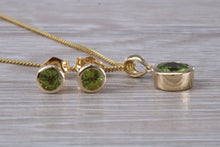 Load image into Gallery viewer, Round cut Peridot Earrings and Matching Necklace set in Yellow Gold