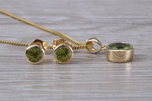 Round cut Peridot Earrings and Matching Necklace set in Yellow Gold