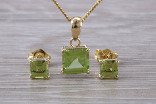 Square cut Peridot Earrings and Matching Necklace set in Yellow Gold