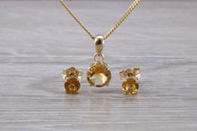 Load image into Gallery viewer, Round cut Citrine Earrings and Matching Necklace set in Yellow Gold