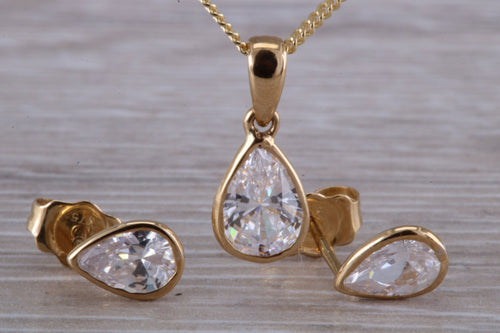 Tear Drop cut Yellow Gold C Z set Diamond Look Earrings and Matching Necklace