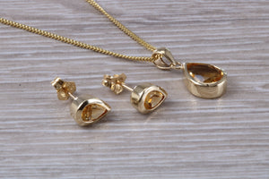 Tear Drop cut Citrine Earrings and Matching Necklace set in Yellow Gold