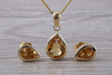 Load image into Gallery viewer, Tear Drop cut Citrine Earrings and Matching Necklace set in Yellow Gold