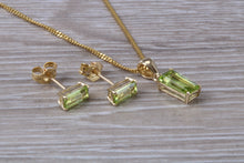 Load image into Gallery viewer, Baguette cut Peridot Earrings and Matching Necklace set in Yellow Gold