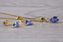 Load image into Gallery viewer, Pear Drop cut Tanzanite Earrings with Matching Necklace set in Yellow Gold