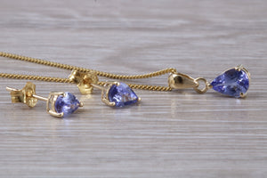 Pear Drop cut Tanzanite Earrings with Matching Necklace set in Yellow Gold